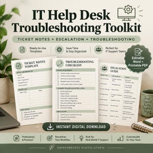 May include: An IT Help Desk Troubleshooting Toolkit featuring three printed templates: a Ticket Notes Template, a Troubleshooting Checklist, and an Escalation Guide. The documents include checkboxes and tables for recording technical support data.