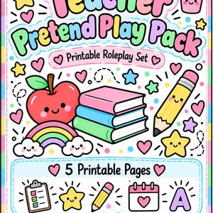 Może przedstawiać: Kolorowy zestaw do odgrywania ról Teacher Pretend Play Pack do druku, zawierający stos książek, uśmiechnięte jabłko, ołówek i tęczę. Grafika zawiera tekst Teacher Pretend Play Pack, 5 Printable Pages oraz Mini Professionals.