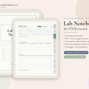 Może przedstawiać: Cyfrowy notatnik laboratoryjny do badań STEM zawierający 100 wpisów eksperymentów, strony planowania i zapisu, numery partii, lokalizację danych, protokoły, odczynniki i mapy zamrażarek. 274-stronicowy plik PDF z hiperłączami jest kompatybilny z reMarkable, Kindle Scribe, Boox, iPad, GoodNotes i Notability.