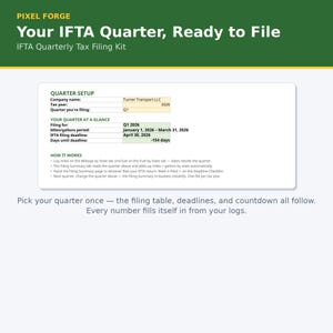 Pode incluir: Um kit digital de declaração de impostos trimestrais IFTA da Pixel Forge com interface branca e cabeçalhos verdes. O ecrã mostra a configuração do trimestre, nome da empresa, ano fiscal 2026 e uma secção com instruções de utilização.