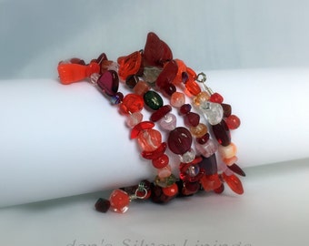 Red Memory Wire Bracelet, Stacked Bangle Bracelet, Handmade Boho Jewelry, One Size Fits All,  Czech Glass Beads, Beaded Bracelet