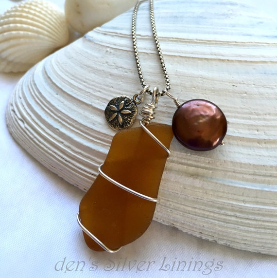 Authentic Sea Glass Charm Necklace Silver Wire Wrapped Brown Etsy