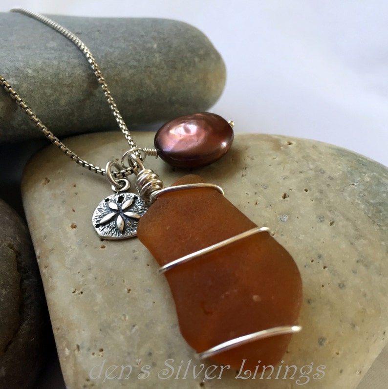 Authentic Sea Glass Charm Necklace Silver Wire Wrapped Brown Etsy