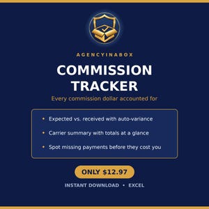 Insurance Agent Commission Tracker Excel, Agency Commission Spreadsheet, Carrier Commission Log, Insurance Bookkeeping Template
