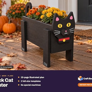 May include: A black cat-shaped wooden planter box with yellow eyes, a red collar, and white whiskers. The planter holds orange flowers and features a tail and four legs with white painted claws. Text reads: Printable Wood Plans Black Cat Planter.