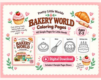 Bakery Coloring Pages for Toddlers Ages 2-3, 40 Easy Printable Coloring Pages, Cute Baking Activities for Kids, Instant Digital Download