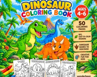 Dinosaur Coloring Book for Kids Ages 4-6, 50 Printable Pages (Digital Download)