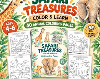 May include: A Safari Treasures Color & Learn book featuring 40 animal coloring pages for ages 4-6. The cover displays a giraffe, elephant, and various black and white coloring sheets of animals like a parrot, cheetah, ostrich, and elephant.