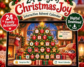 May include: A digital interactive advent calendar on a laptop screen titled 24 Days of Christmas Joy. The screen displays a decorated Christmas tree with 24 numbered ornaments, a fireplace, a teddy bear, and a sleeping puppy and kitten.