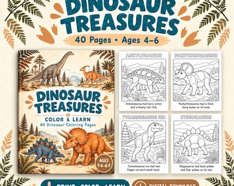 May include: Dinosaur Treasures coloring book featuring 40 pages for ages 4-6. The cover displays various dinosaurs in a landscape. Four black and white coloring pages show an Ankylosaurus, Pachyrhinosaurus, Tyrannosaurus Rex, and Stegosaurus.