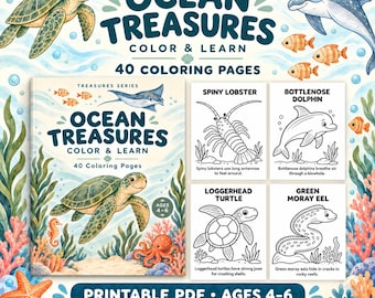 May include: Ocean Treasures Color & Learn 40 coloring pages printable PDF for ages 4-6. The cover features a sea turtle, octopus, and coral. Four sample pages show line art of a spiny lobster, bottlenose dolphin, loggerhead turtle, and green moray eel.