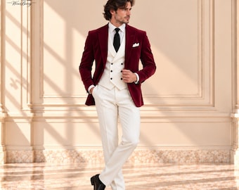Christmas Special Burgundy Velvet Blazer for Men, White 3 Piece Formal Suit, Elegant Winter Wedding Groom Outfit, New Year Party Wear