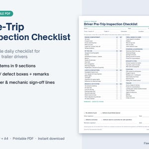 May include: A printable PDF document titled Pre-Trip Inspection Checklist for lorry and trailer drivers. The form features 56 items across 9 sections, including engine, tyres, and brakes, with checkboxes for OK or defect status and driver sign-off lines.