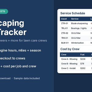 Landscaping Fleet Tracker Spreadsheet, Lawn Care Equipment Maintenance Log, Engine Hours, Crew Checkout, Job Costing, Excel Google Sheets