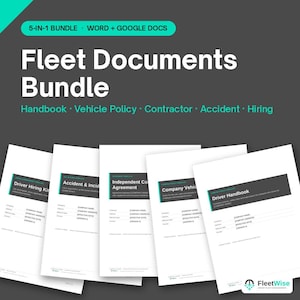May include: A 5-in-1 digital document bundle for fleet management, including a Driver Hiring Kit, Accident & Incident Report, Independent Contractor Agreement, Company Vehicle Policy, and Driver Handbook, compatible with Word and Google Docs.