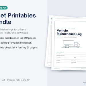 Pode incluir: Um pacote de imprimíveis para frotas que inclui um registro de manutenção de veículos em PDF com um ícone de caminhão. O documento contém seções para proprietário, motorista, veículo, placa, unidade, VIN e registros de quilometragem.