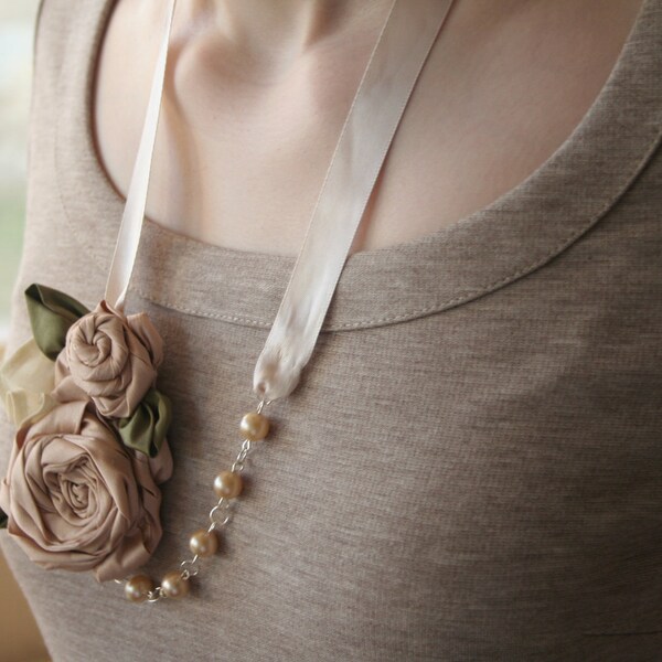 Fabric flower necklace. 'Ashley'  A unique vintage inspired design featuring hand made silk flowers, pearls, and satin ribbon.