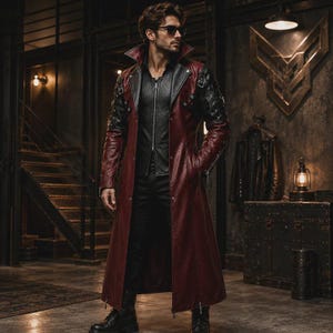 Men's Burgundy Gothic Leather Trench Coat, Long Biker Jacket, Steampunk Style