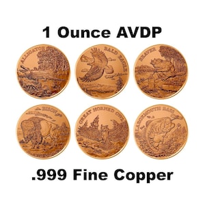 May include: Six copper coins with different animal designs. Each coin features a different animal, including an alligator, bald eagle, beaver, bison, great horned owl, and largemouth bass. The coins are 1 ounce and .999 fine copper.