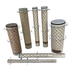 May include: Set of five wooden mandrels with metal hooks for making macrame knots. The mandrels are labeled "EASY Assist Former MANDREL" and include the number of bight knots and the size of the knots.