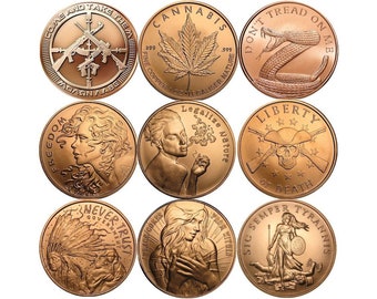 May include: Nine copper round coins with various designs and text. The coins feature images of a marijuana leaf, a snake, a skull, a woman, a Native American, and a woman with a shield. The text on the coins includes "Cannabis", "Don't Tread On Me", "Liberty or Death", "Freedom", "Legalize Nature", "Never Trust Government", "Peace/Cokes", "From Mother", "Sic Semper Tyrannis".