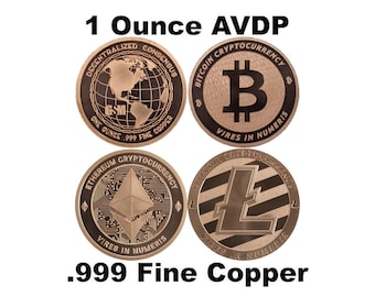 May include: Four copper-colored coins with different cryptocurrency logos. The coins are 1 ounce and .999 fine copper. The logos are Bitcoin, Ethereum, Litecoin, and a globe with the text "Decentralized Consensus".