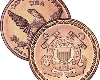 Puede incluir: Una moneda de cobre con el emblema de la Guardia Costera de los Estados Unidos en un lado y un águila con las palabras "Copper .999 Fine USA One A." en el otro lado.