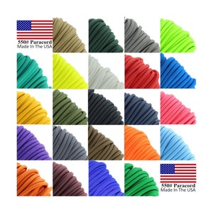 May include: A collection of 550 paracord in various colors, including green, yellow, white, red, blue, orange, purple, brown, and black. The paracord is arranged in a grid pattern, with each color in its own square. The text "550# Paracord Made In The USA" is visible in the bottom right corner of the image.