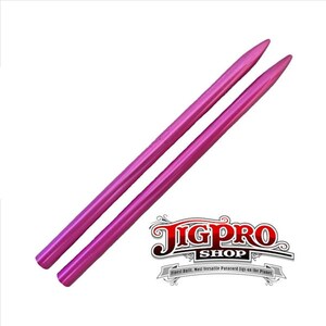 May include: Two pink knitting needles, approximately 10 inches long, with pointed tips. The needles are made of metal and have a smooth, shiny finish. The needles are arranged in a parallel position, with the tips pointing in the same direction.
