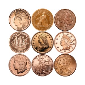 May include: Nine copper coins with different designs, including a ship, a Native American, and a woman holding a torch. The coins have dates ranging from 1907 to 1970.