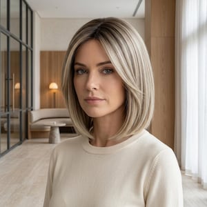May include: A shoulder-length bob wig featuring a rooted blonde color palette with darker brown roots transitioning into lighter ash blonde tones, styled with a center part and soft face-framing layers, worn over a cream-colored crew neck sweater.