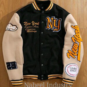 Black Cream Varsity Jacket, Yellow Letterman Jacket, Custom Baseball Bomber, Vintage Streetwear, Unisex College Jacket, Chenille Patch.