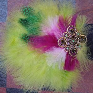 Lime, Neon Green and Purple Feather Fascinator, Hair Clip or Hat Pin image 2