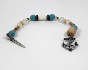 Nautical Glass, Stone and Wood Hair Clip with Silver Anchor - Aqua, Brown and Ivory, 10 3/4 inches