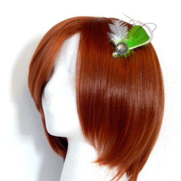 Lime Green and White, Feather Fascinator, Hair Clip or Hat Pin