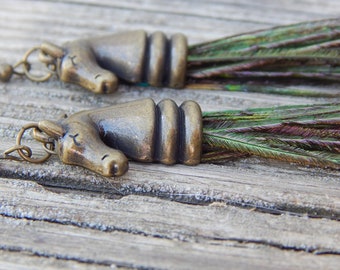 Knight Chess Piece & Peacock Feather Fringe Earrings