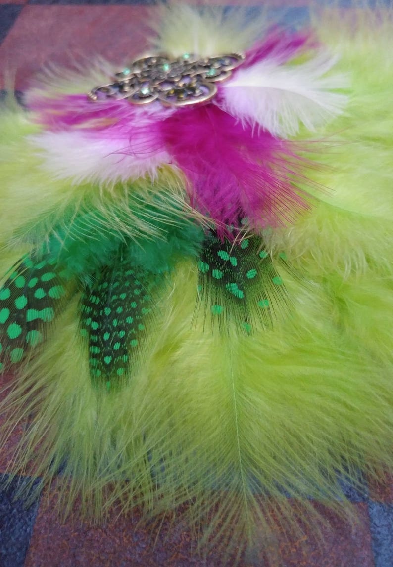 Lime, Neon Green and Purple Feather Fascinator, Hair Clip or Hat Pin image 4