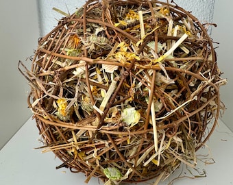 Pelota de forraje de sauce / Juguete masticable de enriquecimiento para conejos, heno de timothy y flores secas para animales pequeños