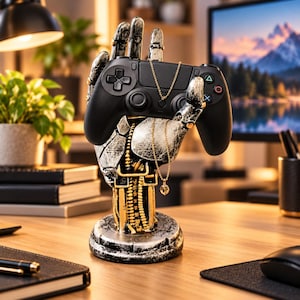 May include: A mechanical hand sculpture with a distressed silver and gold finish, featuring articulated joints and exposed internal gears, holding a black wireless game controller with a thin gold chain draped over the fingers.