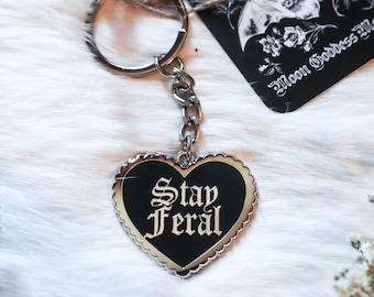 Stay Feral Heart Keychain: Matte Black Goth Gift