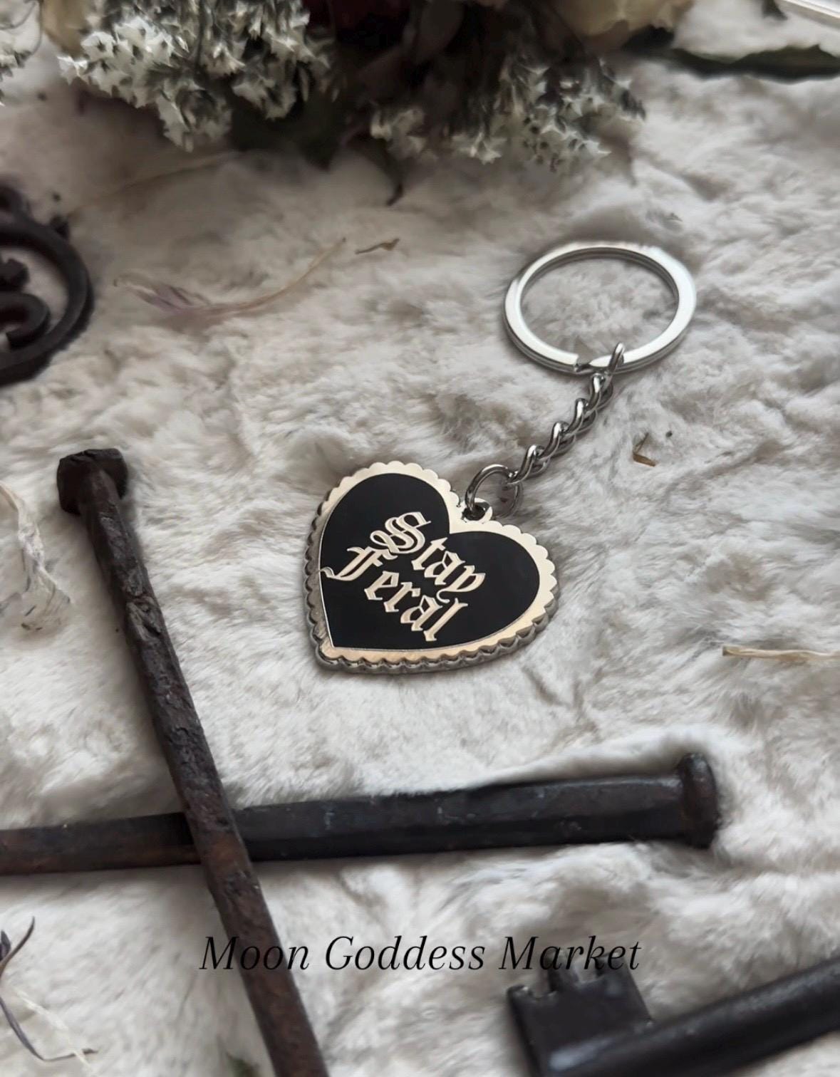 The original Stay Feral keychain Copyright Moon Goddess Market | Heart Keychain | Goth | Gothic Handmade gift