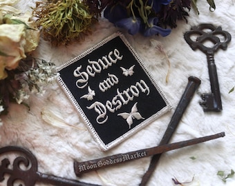 Seduce and Destroy Iron On Patch | Silver Glittering Thread, Handmade