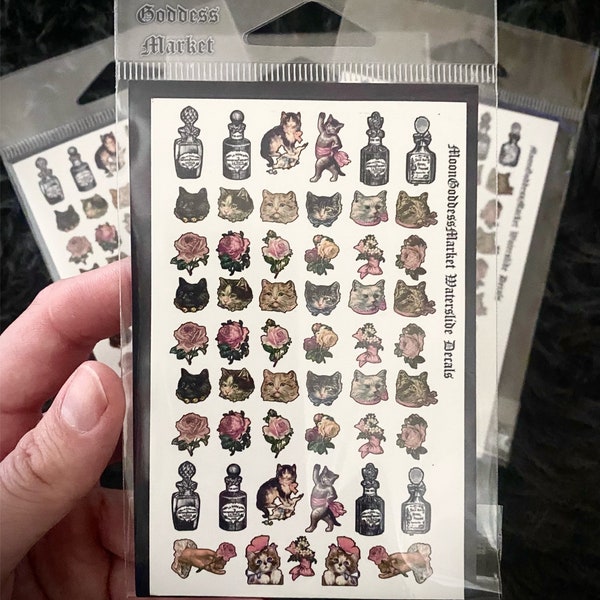 Vintage Kitty Cat Nail Decals | Waterslide Floral Perfume Design