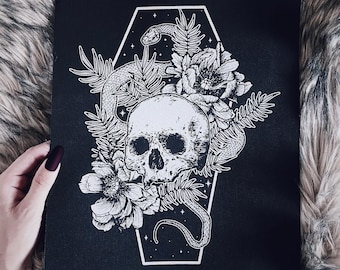 Floral Skull Snake Back Patch | White Ink Screen Print on Black Canvas