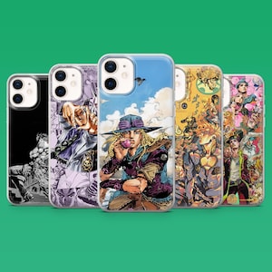 Könnte beinhalten: Fünf Smartphone-Hüllen in einer Reihe, jede mit unterschiedlichen, farbenfrohen Illustrationen im Anime-Stil. Die Designs umfassen eine schwarz-weiße Szene, ein violettes Charakterporträt, eine zentrale Figur mit Hut und zwei lebendige Collagen.