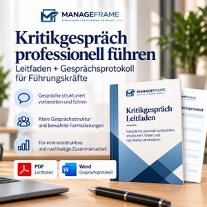 Puede incluir: Una guía profesional y protocolo de reunión titulado Kritikgespräch professionell führen de MANAGEFRAME. El folleto blanco presenta acentos geométricos azules, texto e iconos. Incluye una guía en PDF y un protocolo en Word para el liderazgo.