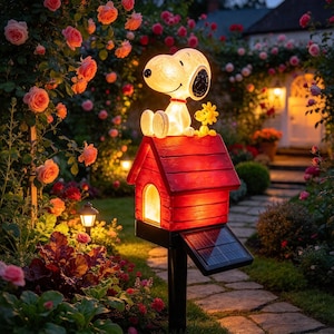 May include: A solar-powered garden light featuring a white Snoopy figure and a yellow Woodstock figure sitting atop a red doghouse. The doghouse has a glowing interior, a black solar panel attached to the side, and is mounted on a black post.
