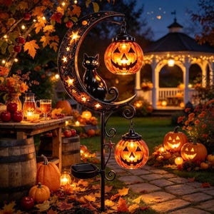 May include: A black metal garden stake featuring a crescent moon with star cutouts, a black cat silhouette, and two hanging orange jack-o'-lantern lights. The structure includes a solar panel at the base for illumination in an outdoor setting.
