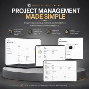 Peut inclure: Un modèle Notion pour entreprise affiché sur un ordinateur portable et deux tablettes. Le texte indique Notion Business Template, Project Management Made Simple, avec des sections Business KPIs, Project Management et Financial Overview.