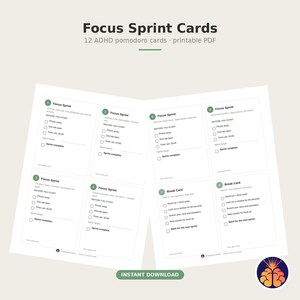 ADHD Pomodoro Cards Printable, Focus Sprint Timer Cards, ADHD Productivity Focus Cards, Task Focus Helper, Instant Download